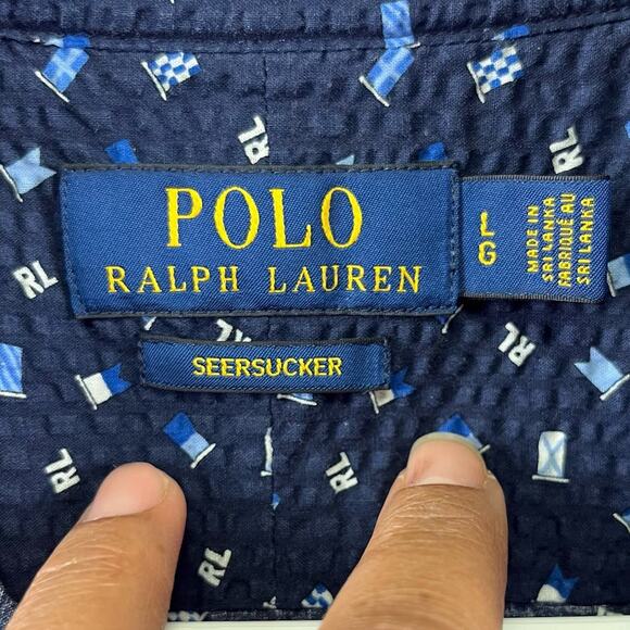 Polo Ralph Lauren Seersucker Casual Button-Down Shirt All Over Print Flags Large - Picture 3 of 12